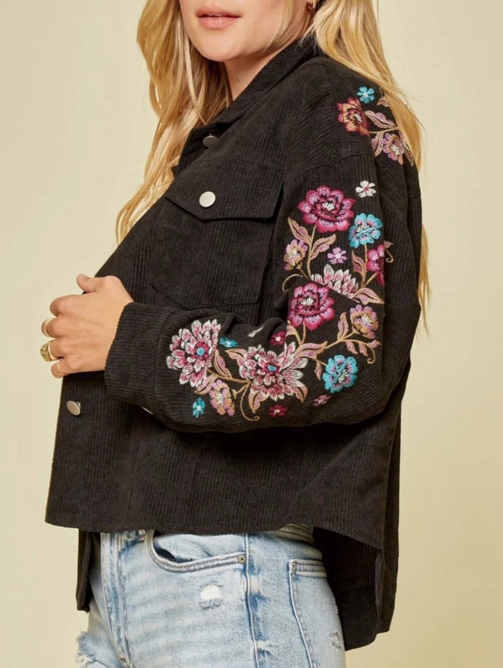 Sincerely Jules Black Corduroy Country Jacket Embroidered Floral Sleeves Back M - Picture 3 of 10